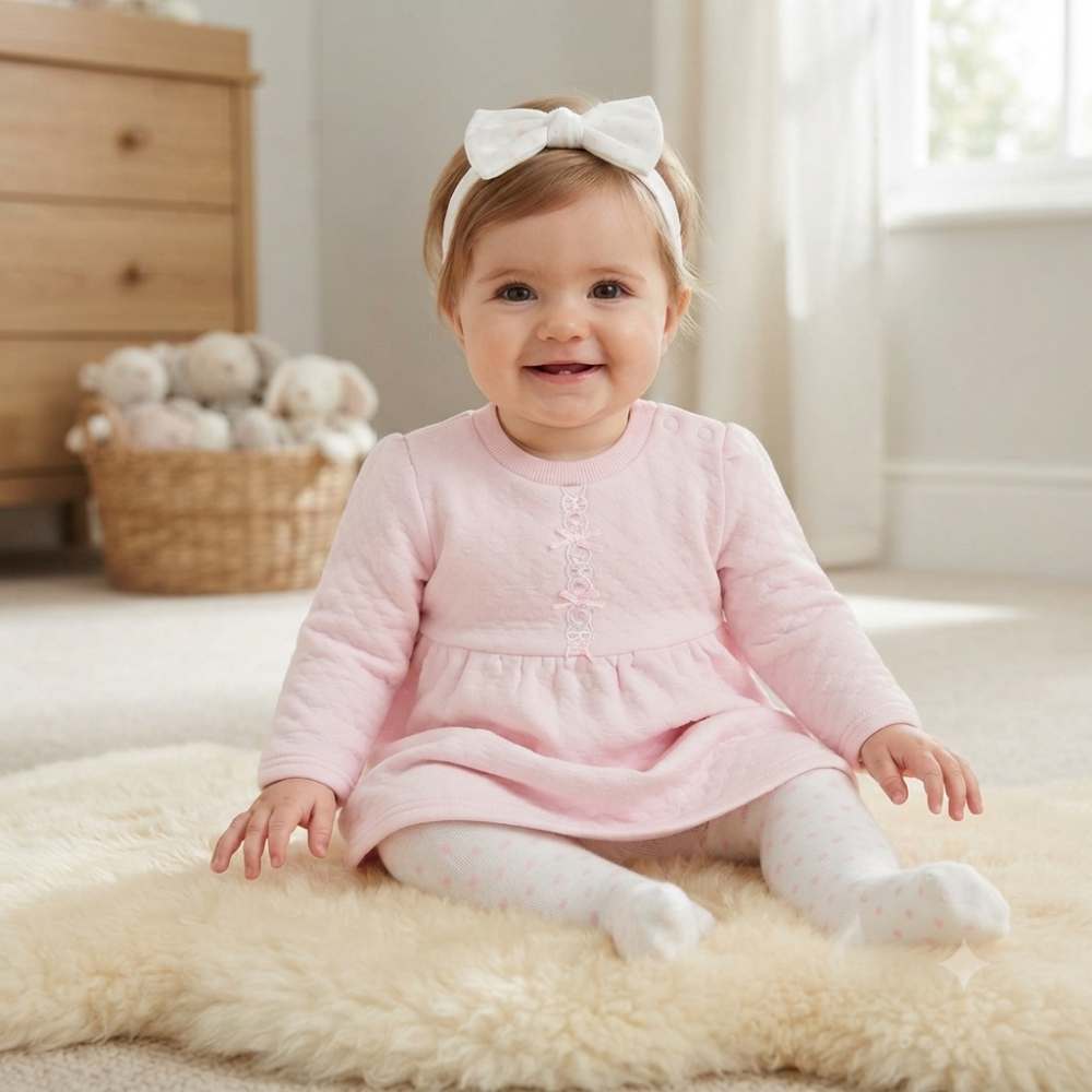N14605: Baby Girls Quilted Dress, Tights & Headband Outfit (0-9 Months) N14605: Baby Girls Quilted Dress, Tights & Headband Outfit (0-9 Months)